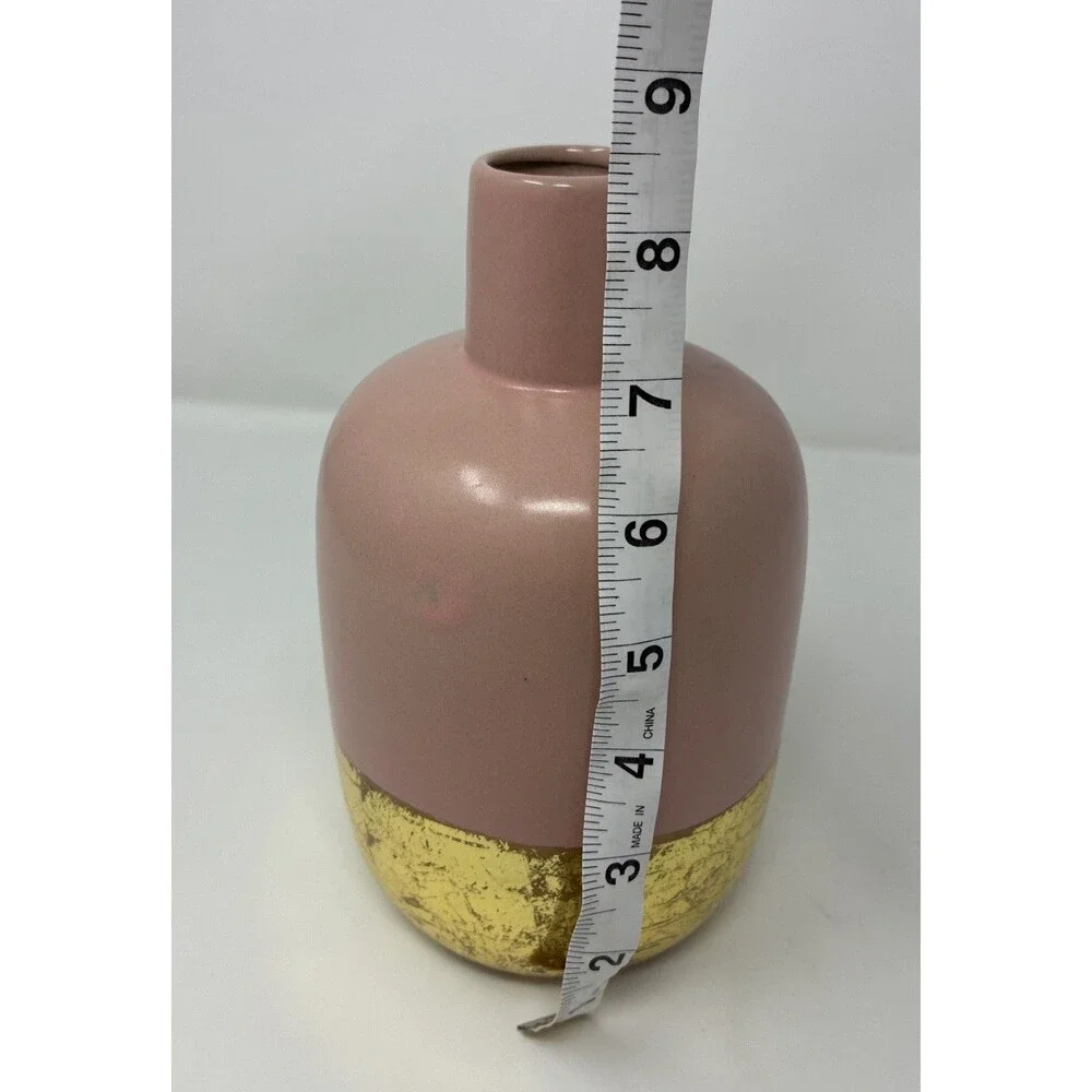 Vintage Pier 1 Blush Pink And Gold Pottery Vase Dipped Gold Metallic, Retired